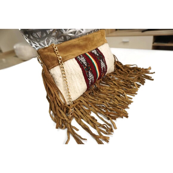 Moroccan Handira Suede Leather Fringe Clutch Bag Kilim Purse - Picture 8 of 10